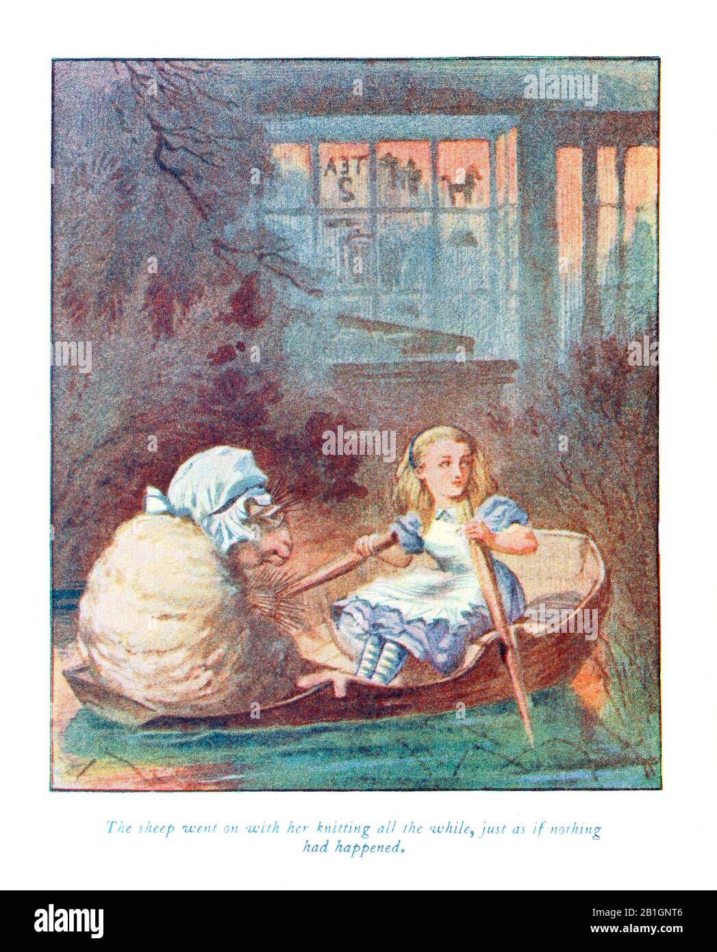 Die Schafe zogen mit ihrem Strick die ganze Zeit von Alice im Wunderland von John Tenniel aus Stockfoto