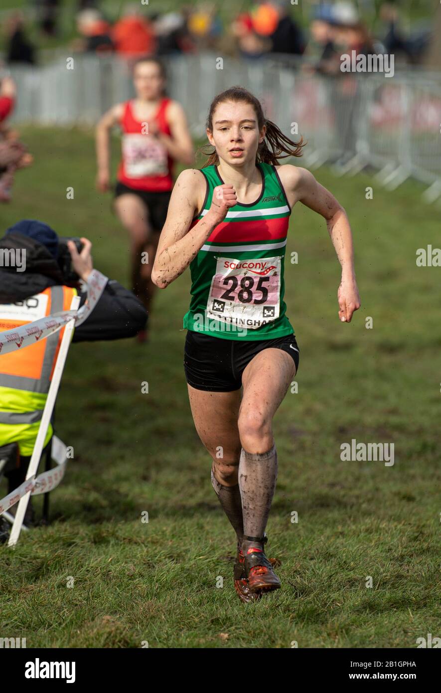 Nottingham - ENGLAND - 22. FEBRUAR: Lara Crawford tritt bei den U17-Rennen Der Frauen an englischen nationalen Cross-Country-Meisterschaften, Wollaton Park, Nottingham Stockfoto
