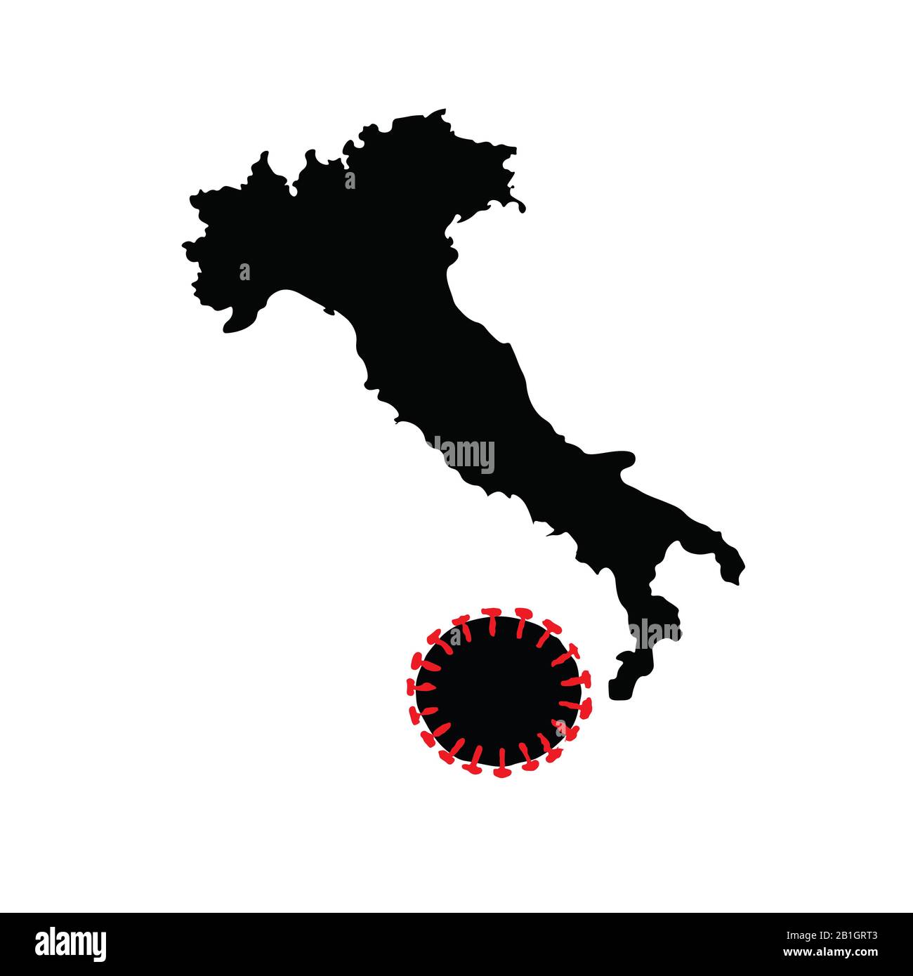 Italien kämpft gegen Coronavirus. Silhouette der italienischen Karte in Form eines Stiefels, der den Corona-Virus-förmigen Ball tritt. Konzept Rasterdarstellung. Stockfoto
