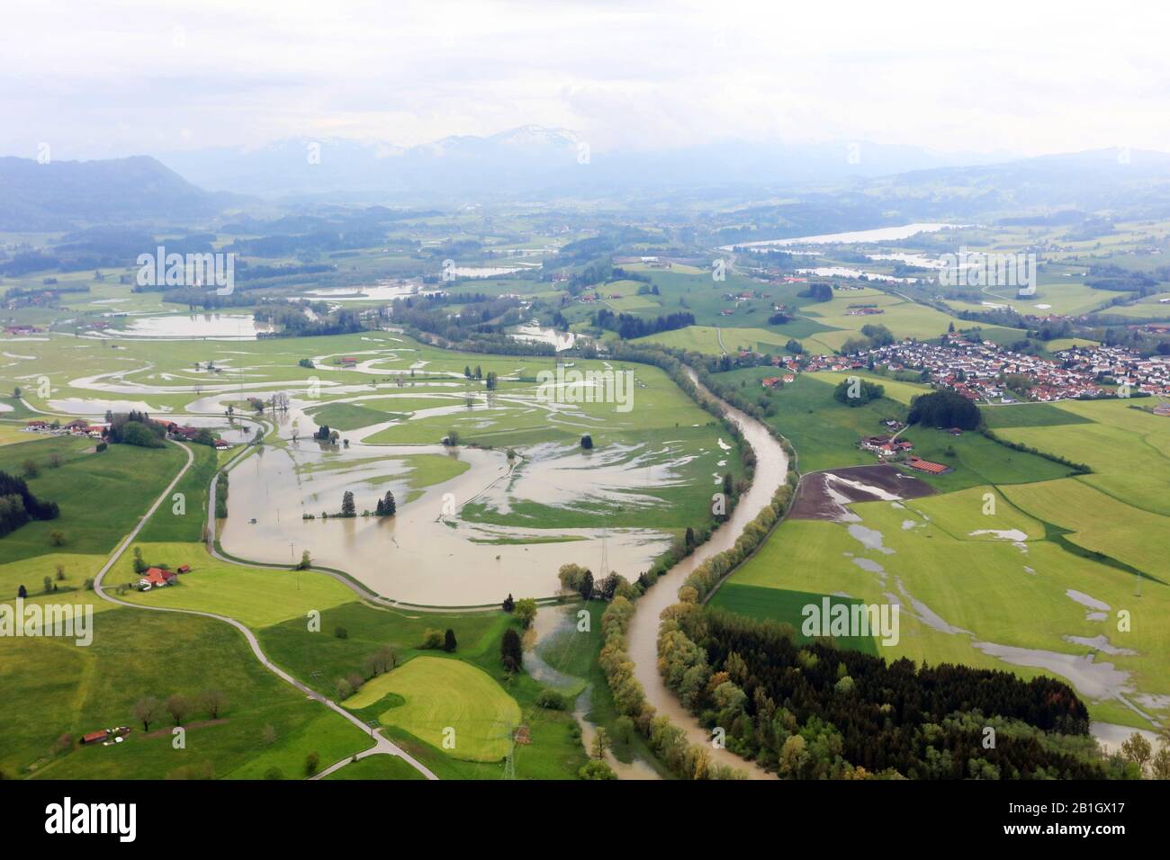 Hochwasser der Iller bei Kempten, 22.05.2019, Luftbild, Deutschland, Bayern, Allgaeu, Kempten Stockfoto