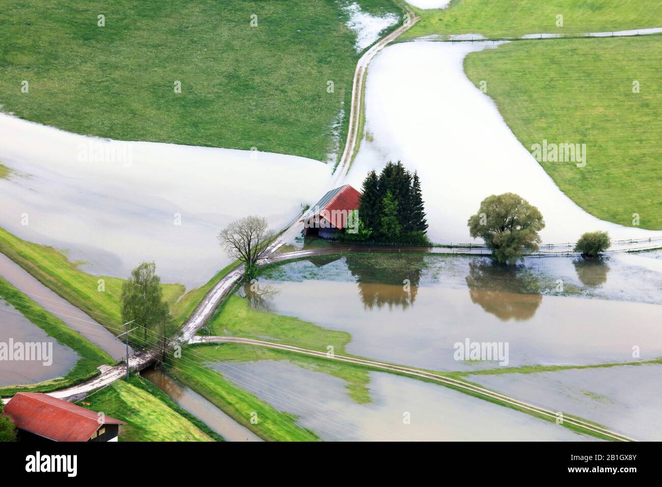 Hochwasser der Iller bei Kempten, 22.05.2019, Luftbild, Deutschland, Bayern, Allgaeu, Kempten Stockfoto