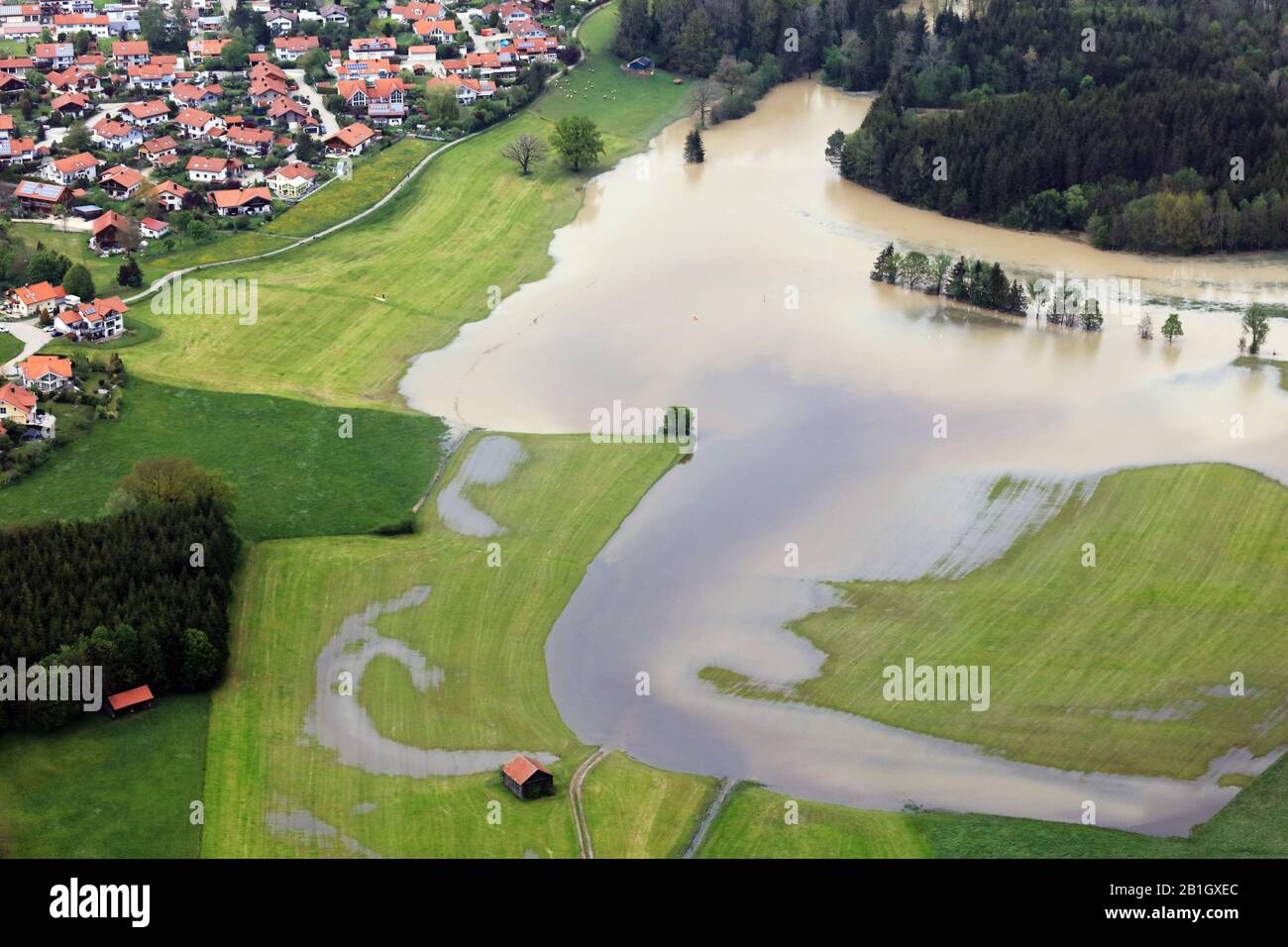 Hochwasser der Iller bei Krugell, 22.05.2019, Luftbild, Deutschland, Bayern, Allgaeu, Krugell Stockfoto