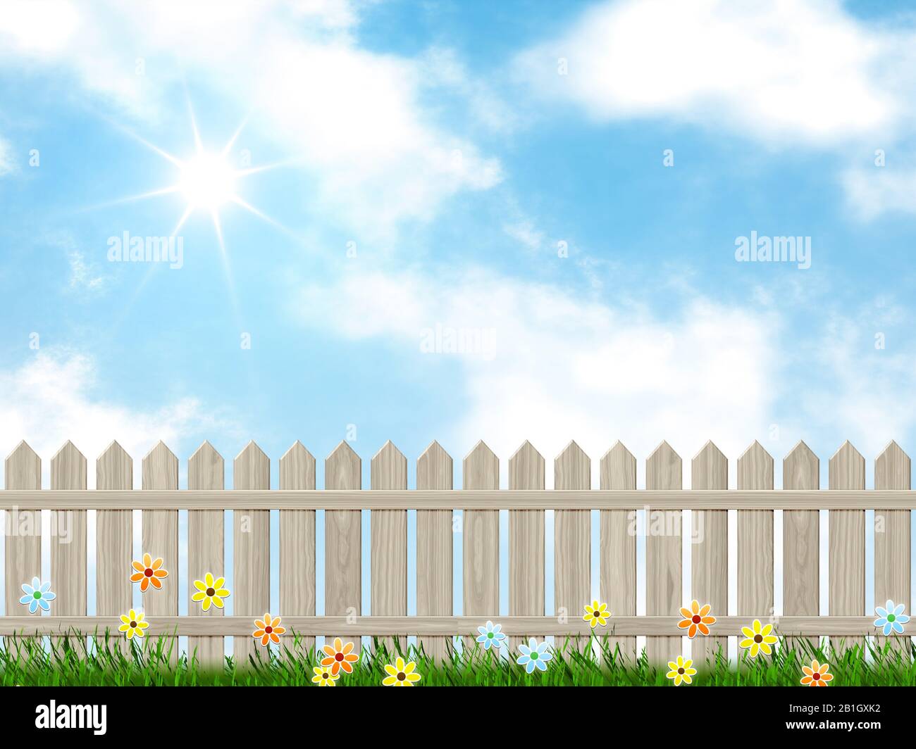 Computergrafik, bewölzter Himmel hinter einem Holz-Dickicht-Zaun mit Blumen Stockfoto