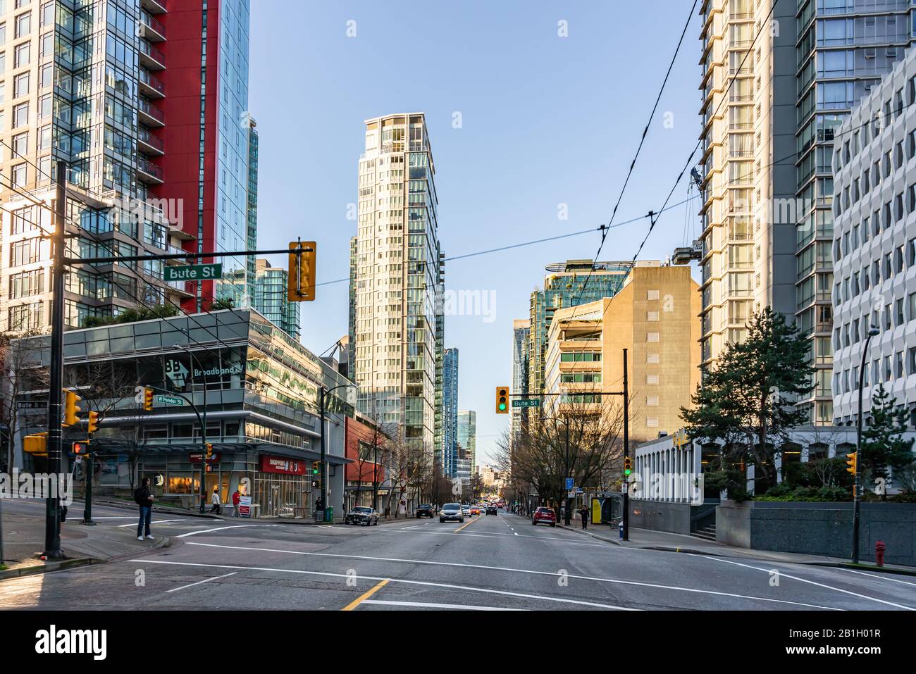 Vancouver, British Columbia, Kanada - Dezember 2019 - Schöner Blick auf die Architektur Der Gebäude in Vancouver auf den Straßen der Innenstadt, in der Nähe der Bute St Stockfoto