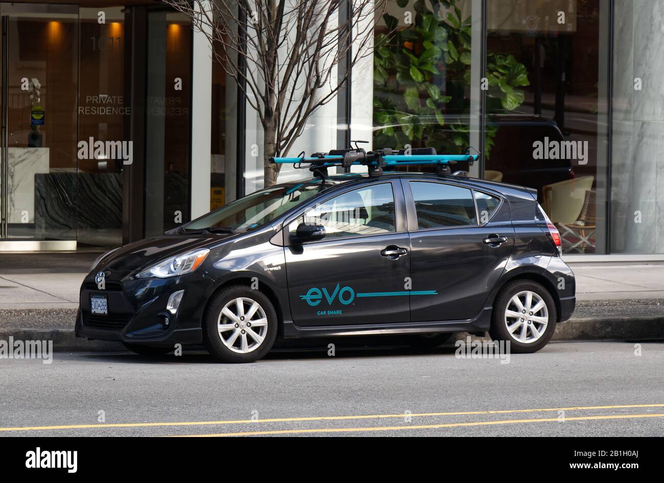 Vancouver, Kanada - 17. Februar 2020: Blick auf das beliebte Auto Share Vehicle "Evo" in der Innenstadt von Vancouver Stockfoto