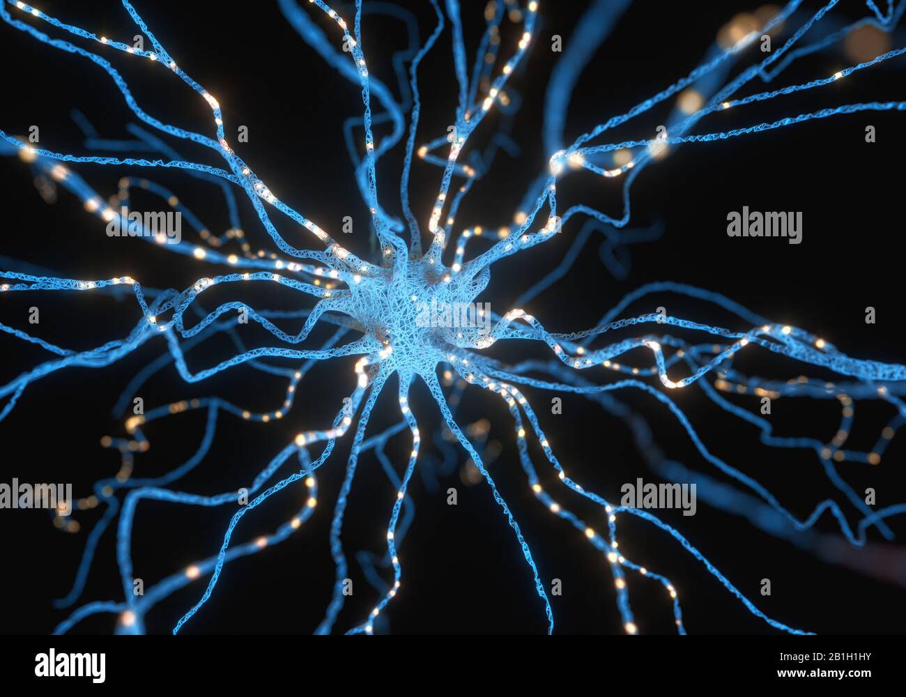 Konzeptionelles Bild eines Neurons, das mit elektrischer Ladung erregt wird. Konzept der Wissenschaft und Forschung des menschlichen Gehirns, 3D-Illustration. Stockfoto