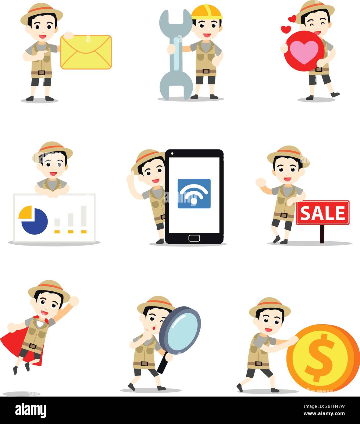 Setzen Sie den Charakter des männlichen Paläontologen in das Erkundungsteam für uraltes Tierskelett ein. Stock Vektor