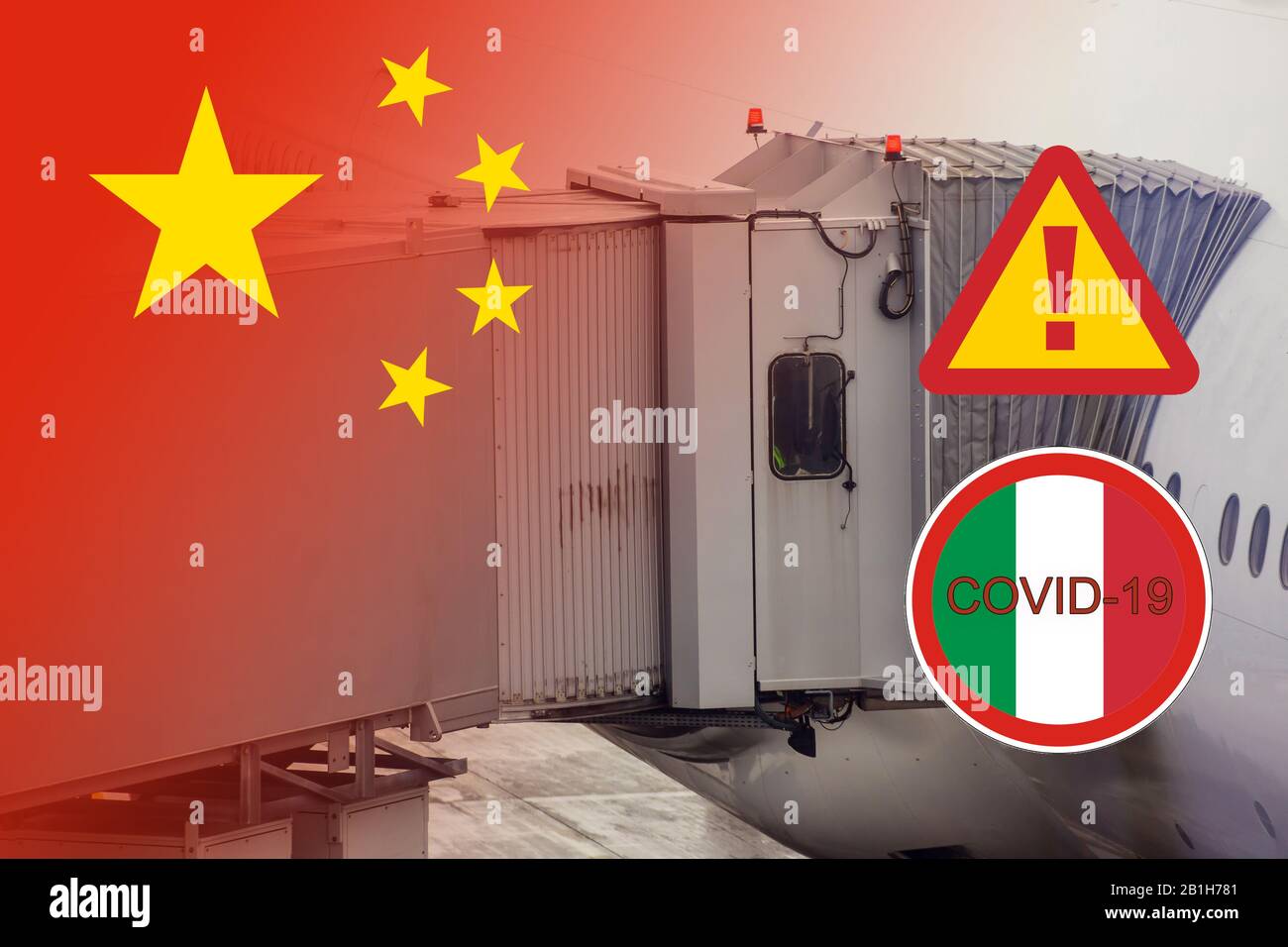 COVID-2019 Coronavirus chinesisches Infektions-Passagierflugzeug im Flugzeug, das sich auf den Start des Flughafens Italien vorbereitet Stockfoto