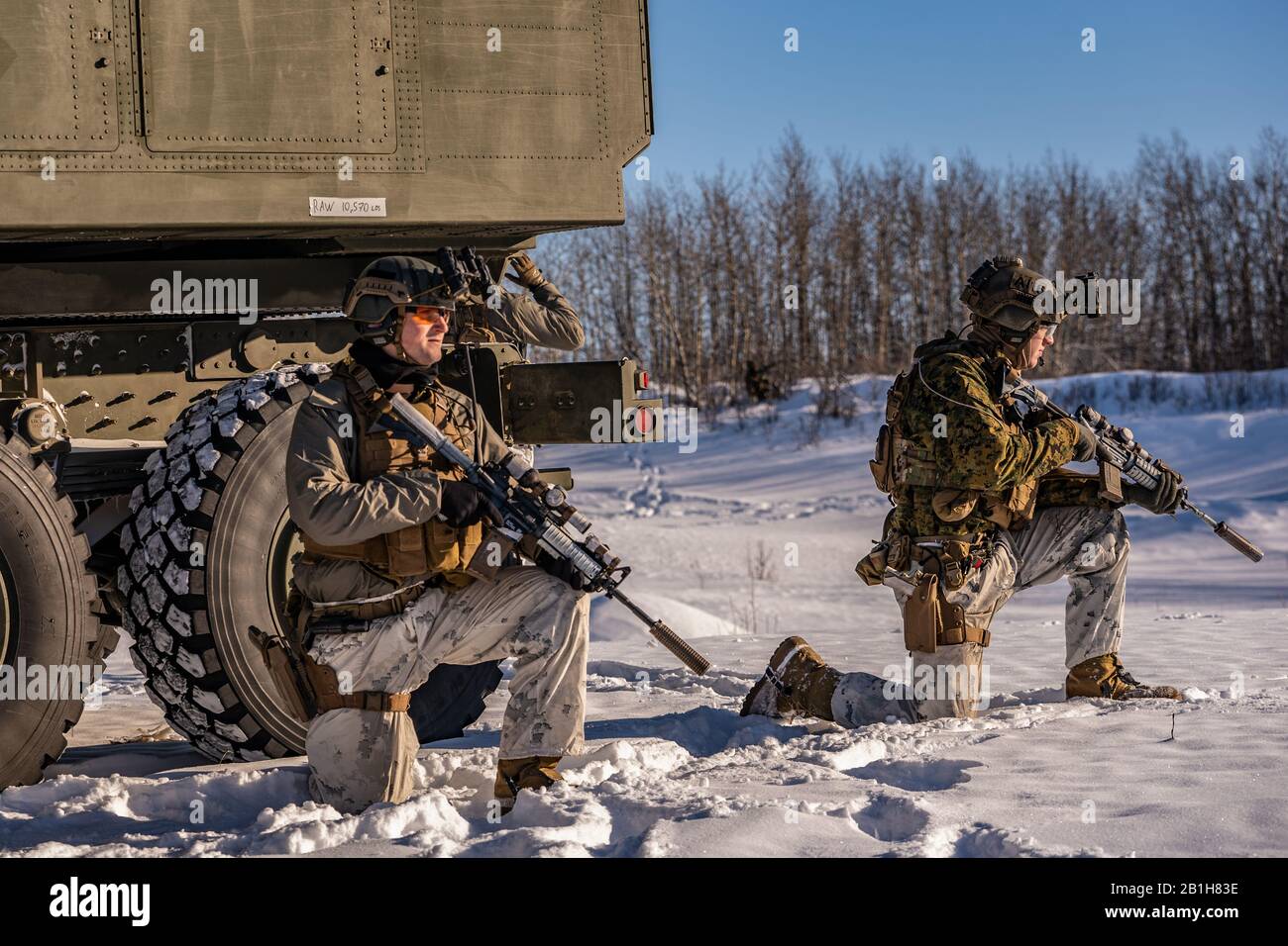 Marines mit 1st Reconnaissance Battalion, 1st Marine Division, bieten Sicherheit während der taktischen Erholung der Personalausbildung auf Fort Greely, Alaska, 24. Februar 2020, zur Unterstützung der Übung Arctic Edge 2020 des U.S. Northern Command. Servicemitglieder, die an Arctic Edge 20 teilnehmen, werden das Wissen und die Fähigkeiten erwerben, die erforderlich sind, um die Bereitschaft in arktischen und subarktischen Regionen zu erhalten, die für die USA und ihre Verbündeten strategisch wichtig sind. (USA Foto des Marine Corps von Sgt. Conner Downey) Stockfoto