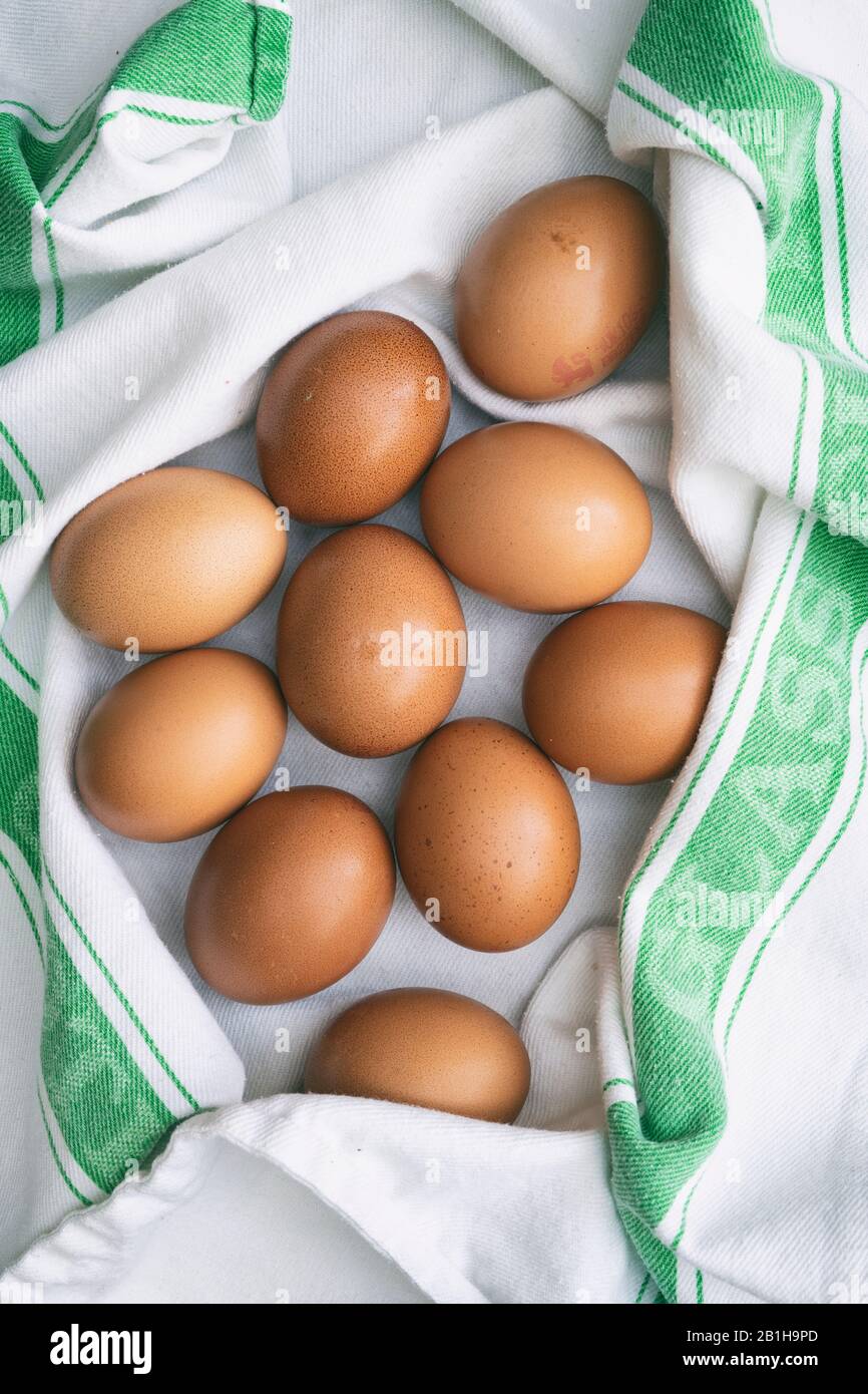 Hühner Eier auf einem Teehandtuch Stockfoto