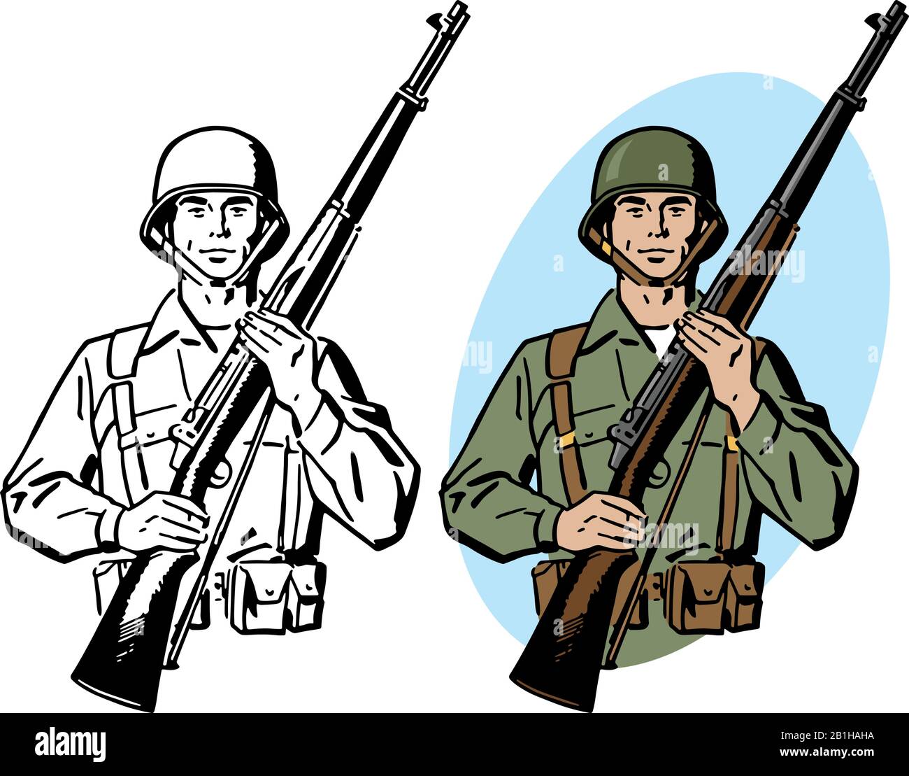 Eine Zeichnung eines Soldaten der amerikanischen Armee aus der Zeit des zweiten Weltkriegs, der ein Gewehr hält. Stock Vektor