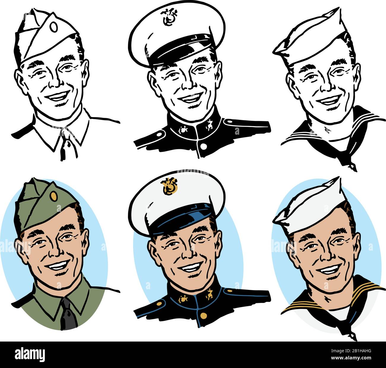 Ein Trio von Männern, die in Militäruniformen der amerikanischen Zeit des zweiten Weltkriegs gekleidet sind. Stock Vektor