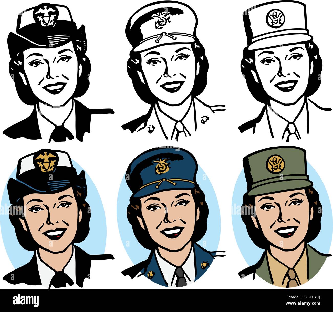 Ein Trio von Frauen, die sich in Militäruniformen der amerikanischen Zeit des zweiten Weltkriegs bekleidet haben. Stock Vektor