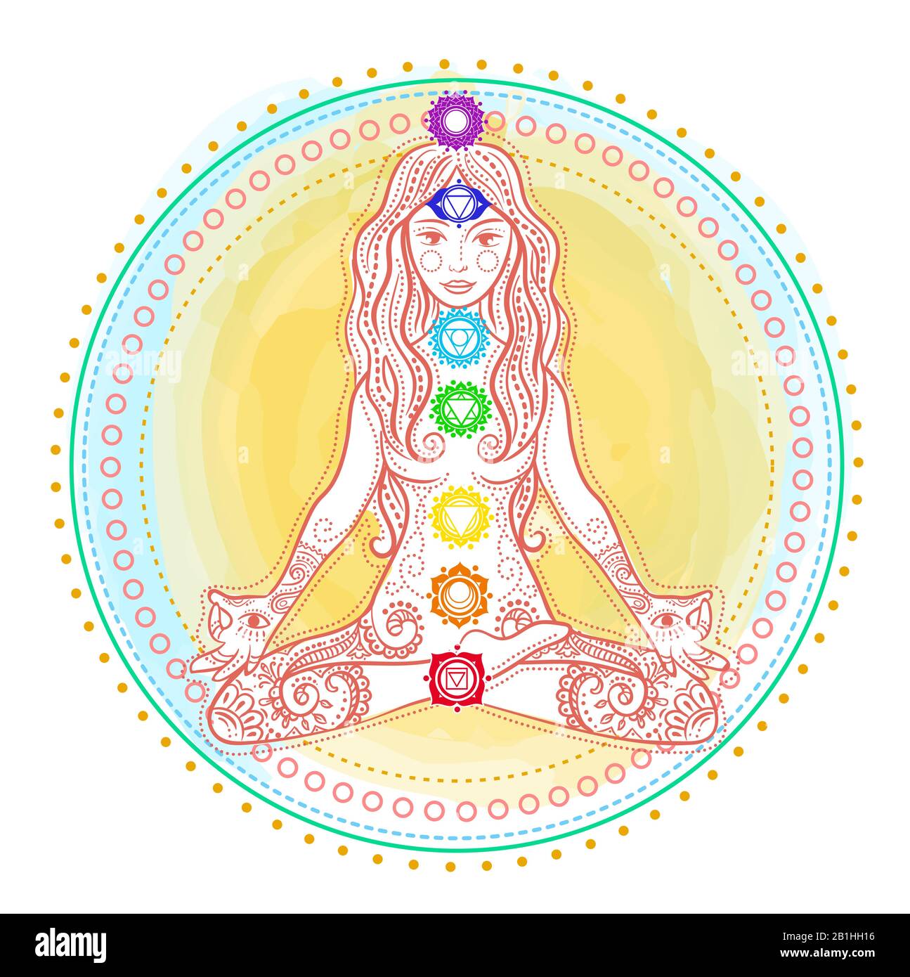 Konzept eines gesunden Lebensstils in Form einer Frau, die Yoga macht, in lotus-pose sitzt und Chakras auf ihr pickon. Icon-Mädchen aus indischem Kulturboho Stock Vektor