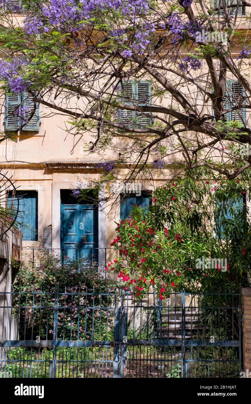Korfu Stadt mit Haus und blühenden Bäumen, Griechenland, Ionisches Meer, Gebäude, Geschichte, Straßen, Reisen, Griechenland, Urlaub, Abenteuer Stockfoto