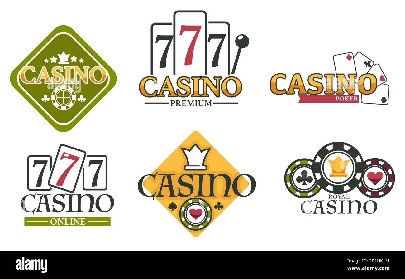 Casino-Logos mit Lucky Seven auf Spielautomat und Roulette Stock Vektor