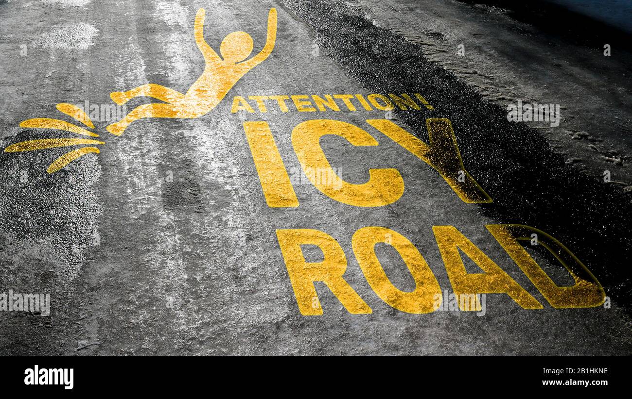 Eisige Straße. Selektiver Fokus. Gefahrenkonzept Eisverkrusteter Boden. Mit der Aufschrift "Achtung! Eisige Straßen' Stockfoto