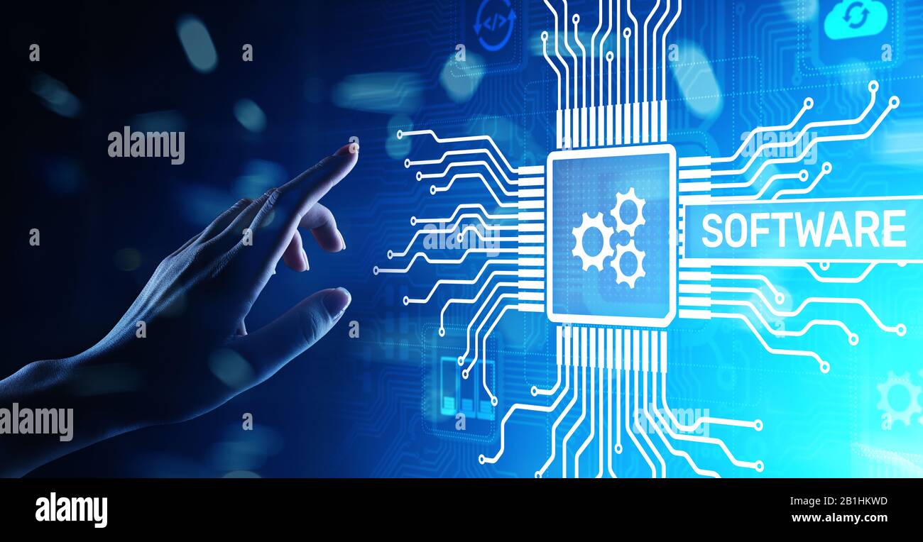 Softwareentwicklung und Geschäftsprozessautomatisierung, Internet- und Technologiekonzept auf virtuellem Bildschirm Stockfoto