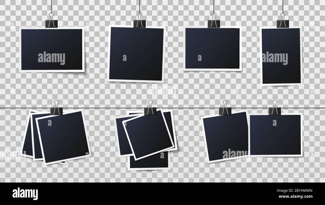 Fotos auf Clips. Vintage-Bilderrahmen, gerahmte Fotos und Rahmen auf PINs-Schablonenvektorillustration Stock Vektor
