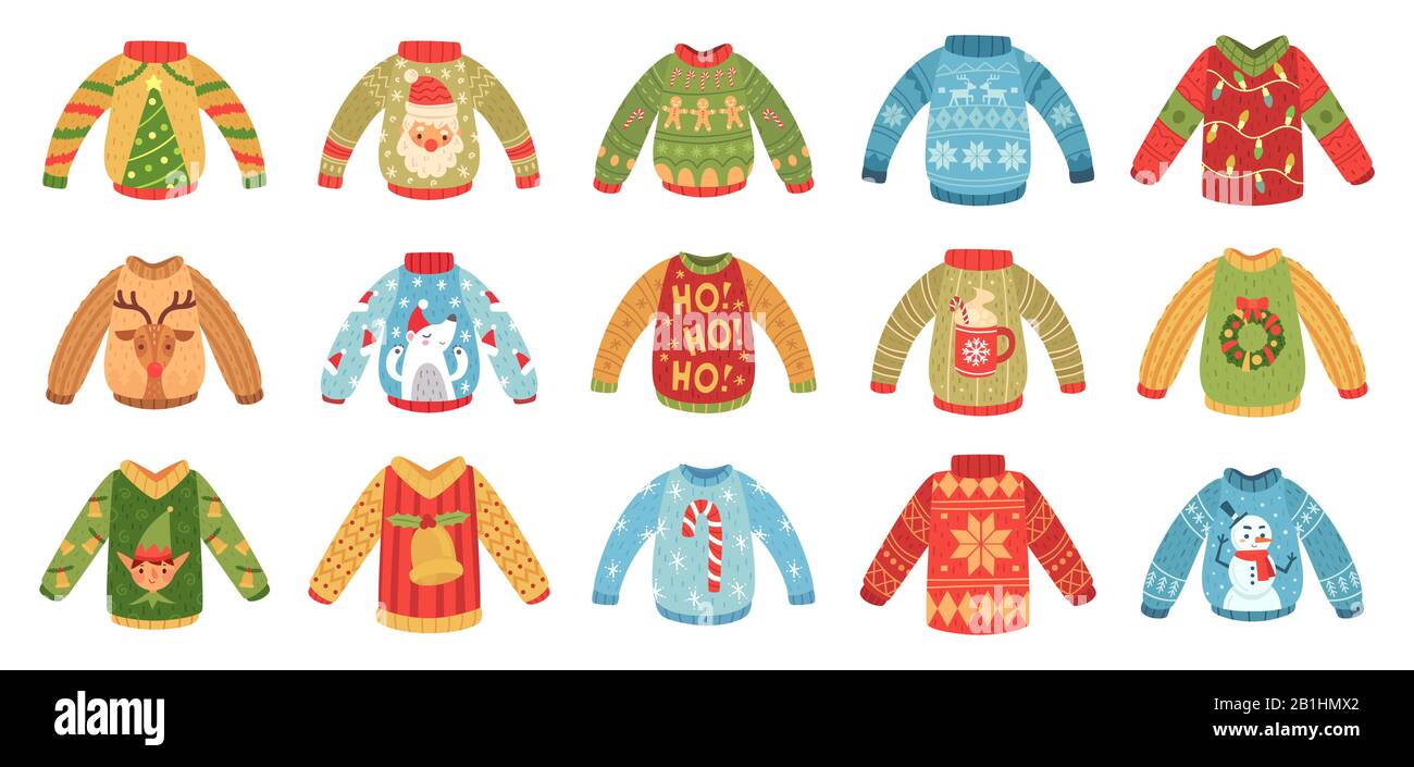 Cartoon weihnachtsfeier Pullover. Weihnachtsfeiertage hässliche Pullover, gestrickter Winterpullover und lustiger Weihnachtsmann Pullover Vektor-Set Stock Vektor