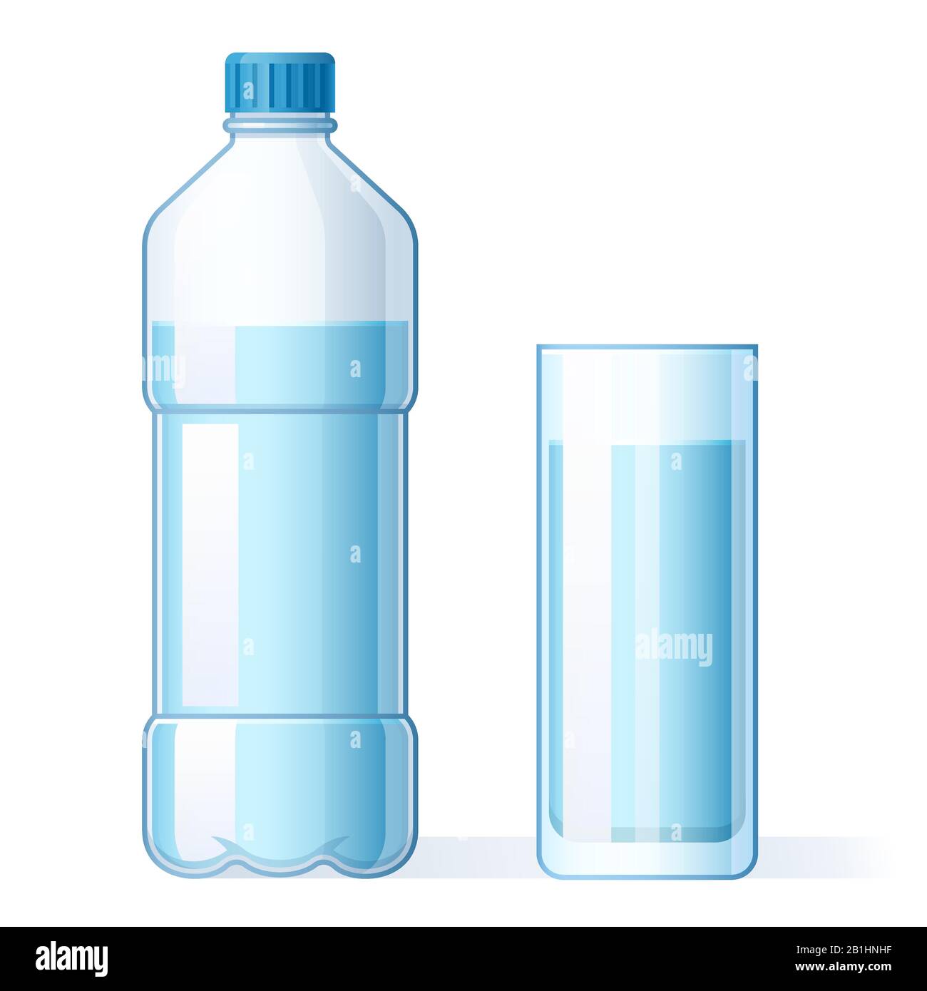 Glas Wasser und Kunststoffflasche. Hydrierung, Flaschen für reine Flüssigkeit und abgefülltes Mineralwasser trinken Cartoon-Vektor-Illustration Stock Vektor