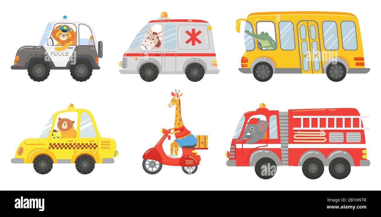 Cartoon-Tier-Fahrer. Tiere in Notarztwagen, Feuerwehrwagen und Polizeiwagen. Zoo-Taxi, öffentlicher Bus und Lieferwagen Vektor gesetzt Stock Vektor