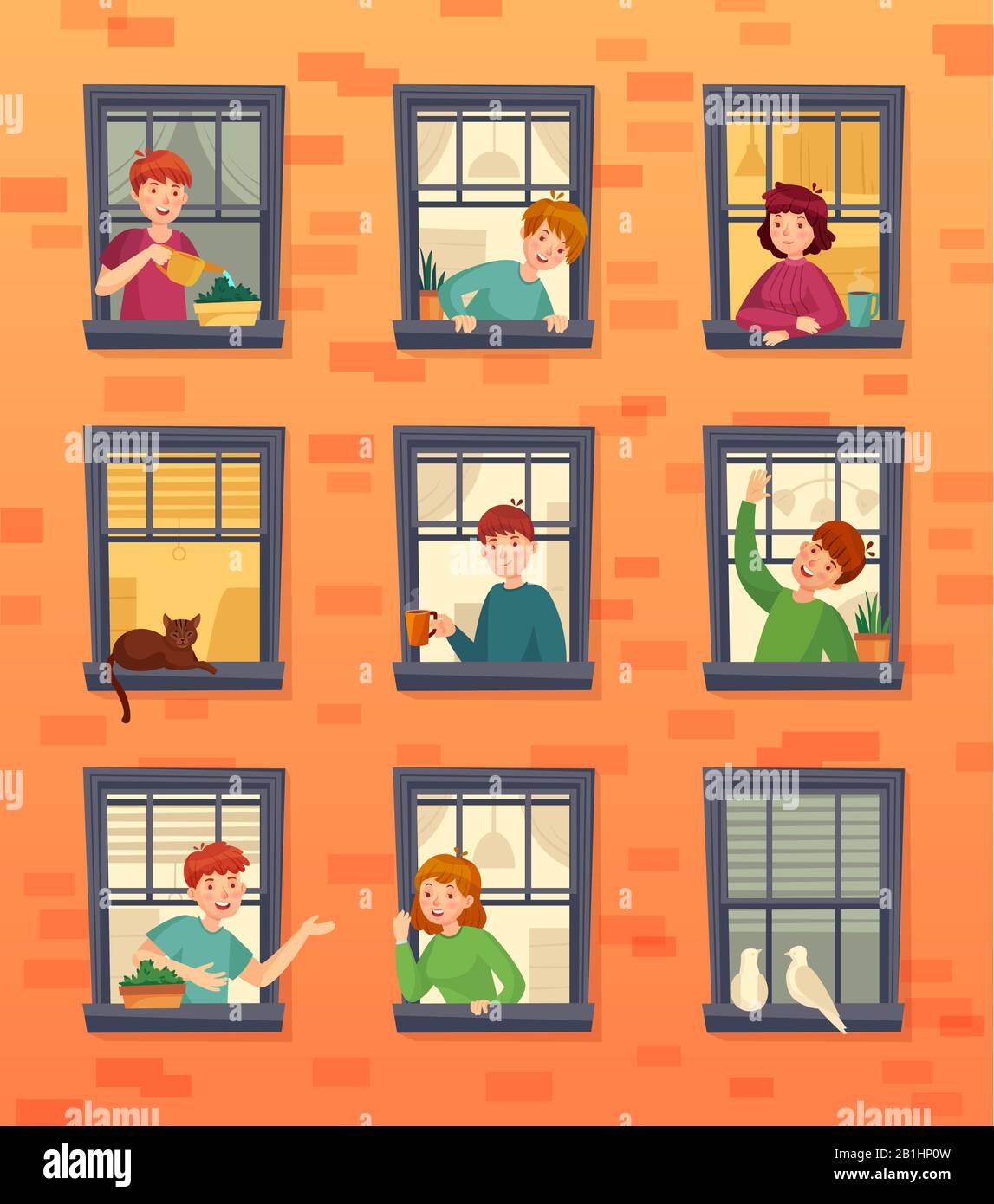 Personen in Fensterrahmen. Kommunizierende Nachbarn, Blick auf Fenster und Stadtbewohner Cartoon-Vektor-Illustration Stock Vektor