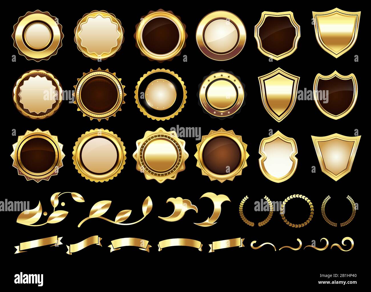 Elegante goldene Etiketten. Schilder Abzeichen, Gold Zierrollen amd Retro Label Vector Illustration Set Stock Vektor