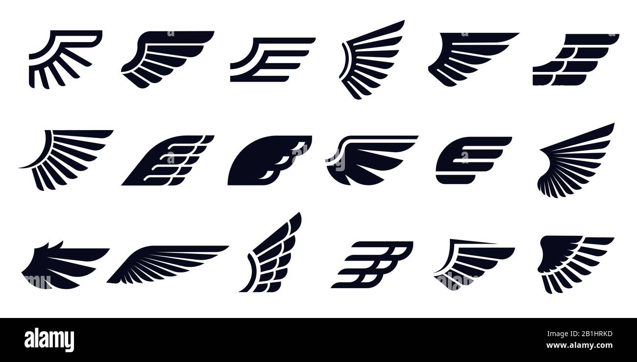 Silhouetten-Flügel-Symbole. Vogelflügel, Schnelladler-Emblem und dekorative Zier-Engel-Flügel-Schablonen-Vektorbündel Stock Vektor
