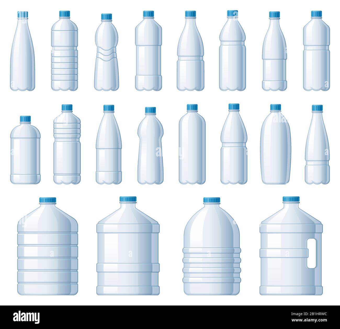 Kunststoffflaschen. Wasserkühlerflasche, PET-Paket für Flüssigkeiten und Limonade Getränkefektor-Vektor-Set Stock Vektor