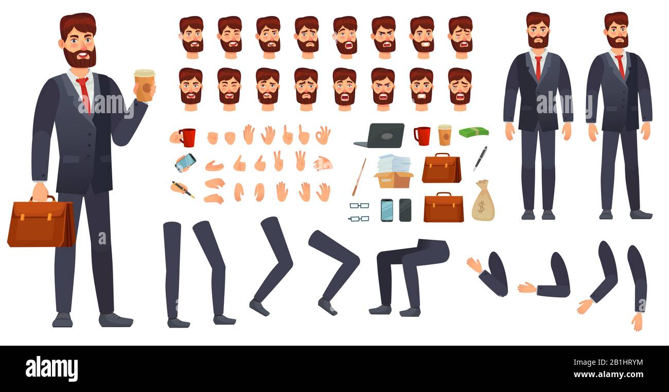 Cartoon Geschäftsmann Character Kit. Business Characters Konstruktor, verschiedene Handgesten, Gesichtsemotionen und Beinvektor-Set Stock Vektor