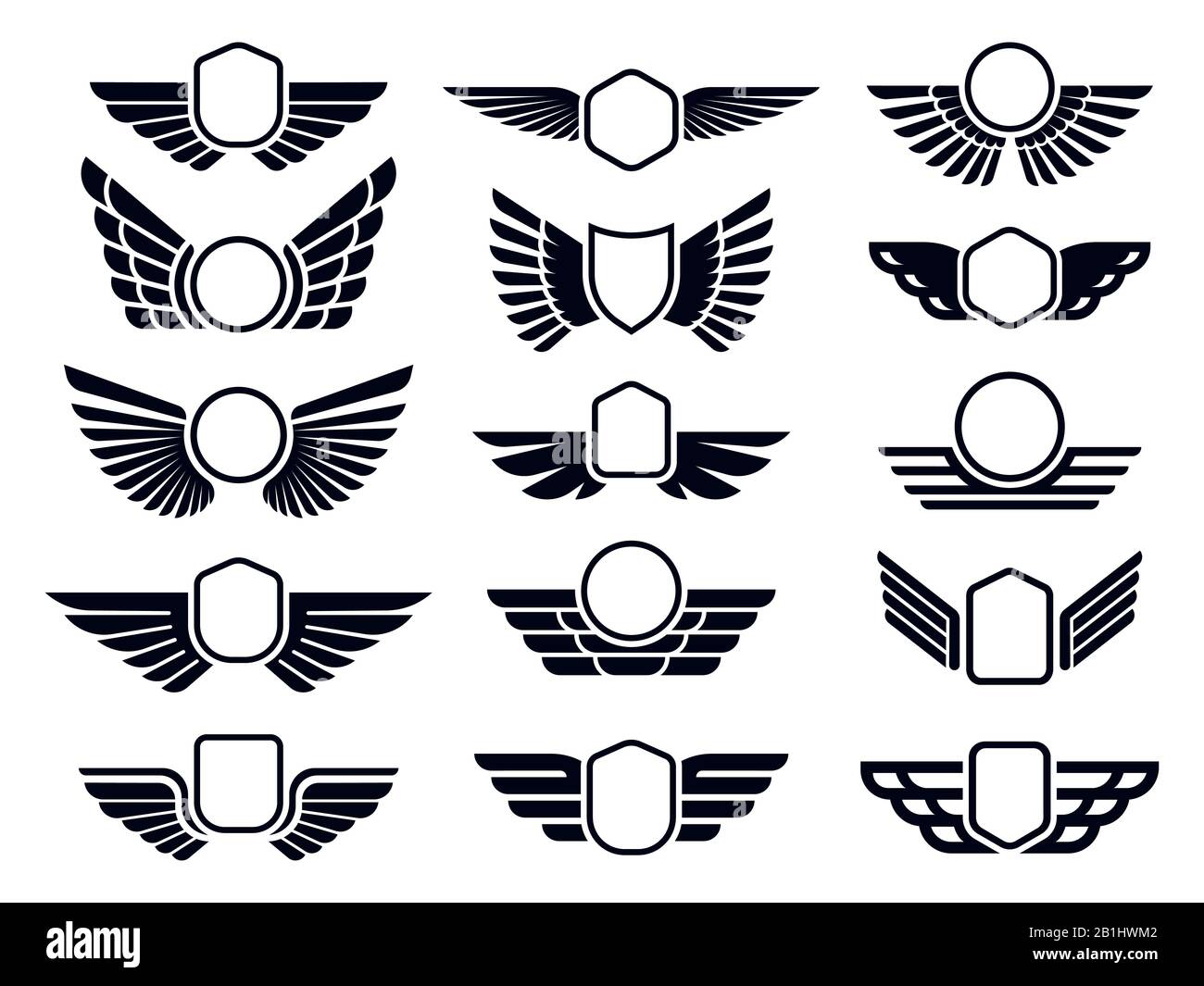 Geflügelte Rahmen. Fliegendes Vogelschutz-Emblem, Adler-Flügel-Badge-Rahmen und Retro Aviation fast Wing Symbol Vector Set Stock Vektor