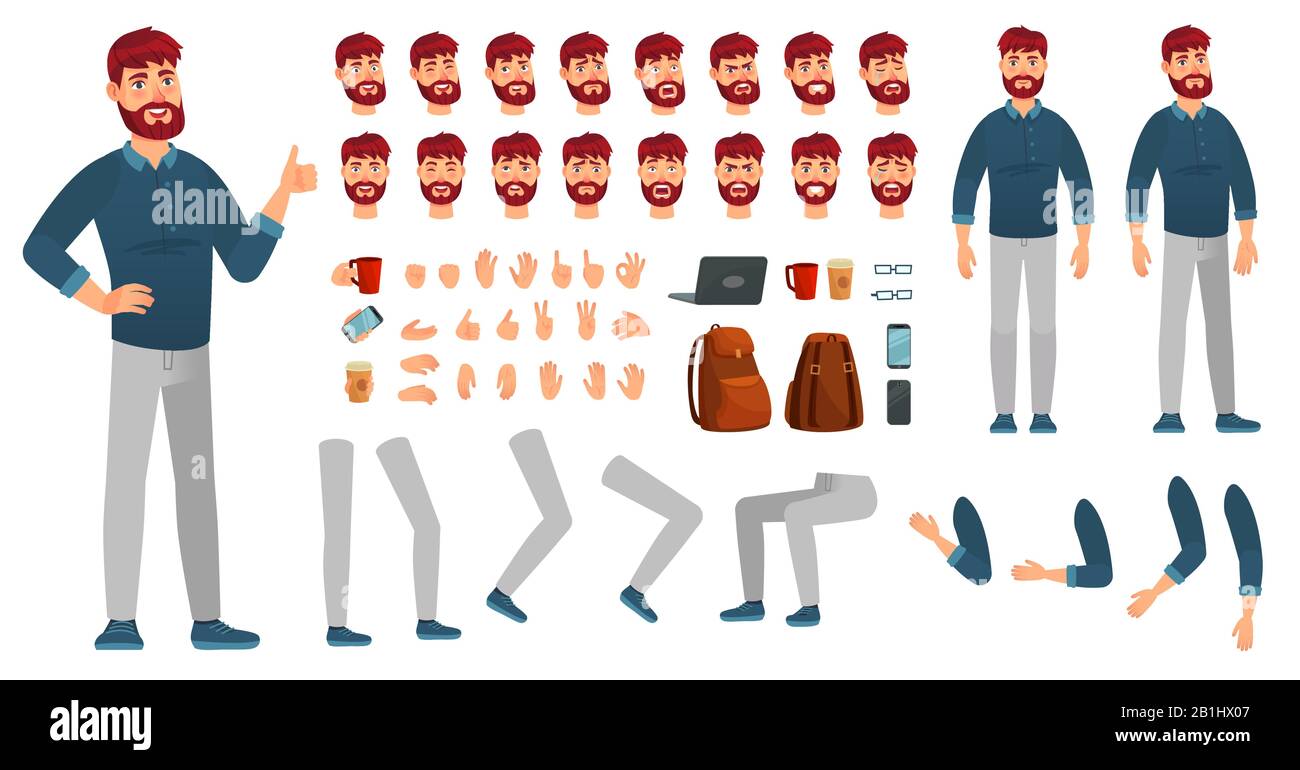 Cartoon-Set für männliche Figuren. Mann in legerer Kleidung, verschiedenen Händen, Beinen und Gesichtsgefühl. Zeichen-Konstruktor-Vektorsatz Stock Vektor
