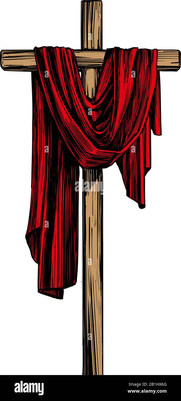 Christliches Holzkreuz. Ostern, Symbol für das Christenthum handgezeichnete Vektor-Illustration-Skizze. Stock Vektor
