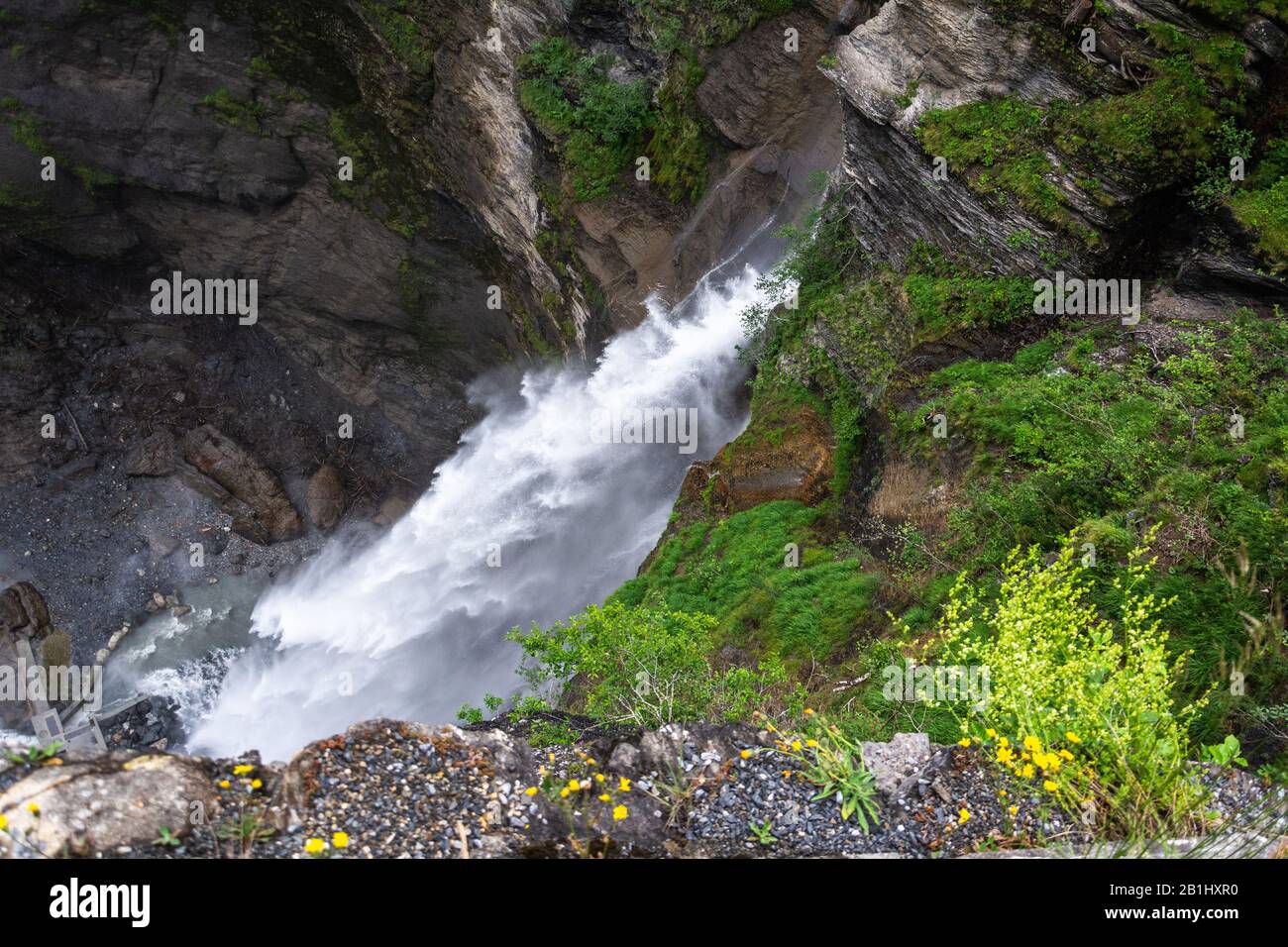 Wasserfall der Reichenbachfälle in der Schweiz, von oben. Der Wasserfall war die Kulisse für den Endstand von Sherlock Holmes. Es war am brüllenden 2 Stockfoto