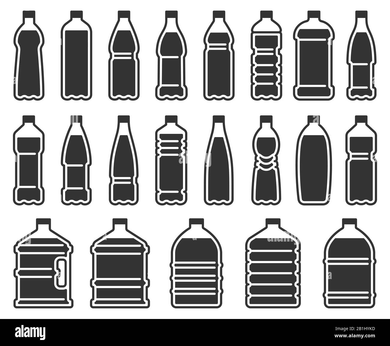 Silhouettensymbol für Plastikflaschen. Mineralwasser Getränkeflasche, kühlere reine Flüssigkeiten Paket Schablonenvektor-Icons Set Stock Vektor