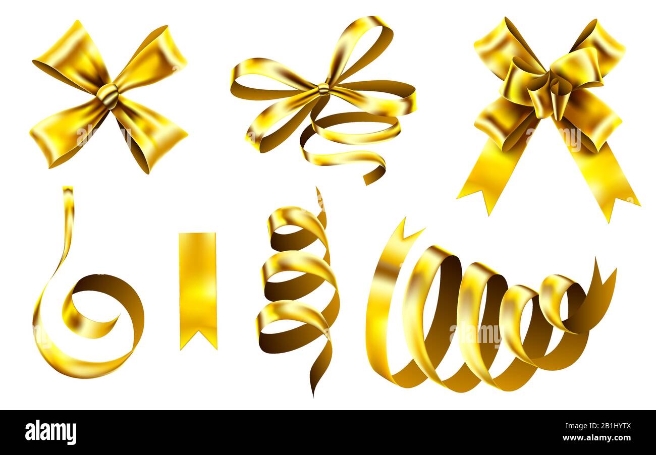 Realistische Goldbögen. Dekoratives goldenes Fadenband, weihnachtsgeschenk-schleife und glänzende Bänder 3D-Vektorgrafik-Set Stock Vektor