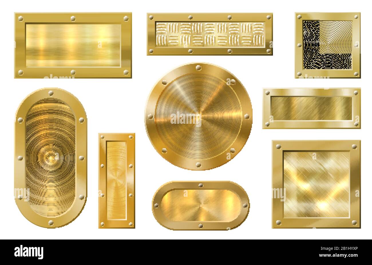 Goldenes Metallbanner. Goldene Platte, strukturierte Metallgolds Banner und realistisches Vektorset mit Premiumrahmen Stock Vektor