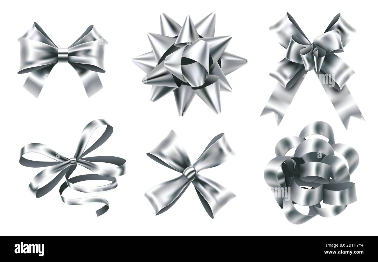 Realistische Silber-Folienbogen. Dekorativer Bogen, Metallic-Favor-Band und weihnachtsgeschenk-bögen 3D-Vektorgrafik-Set Stock Vektor