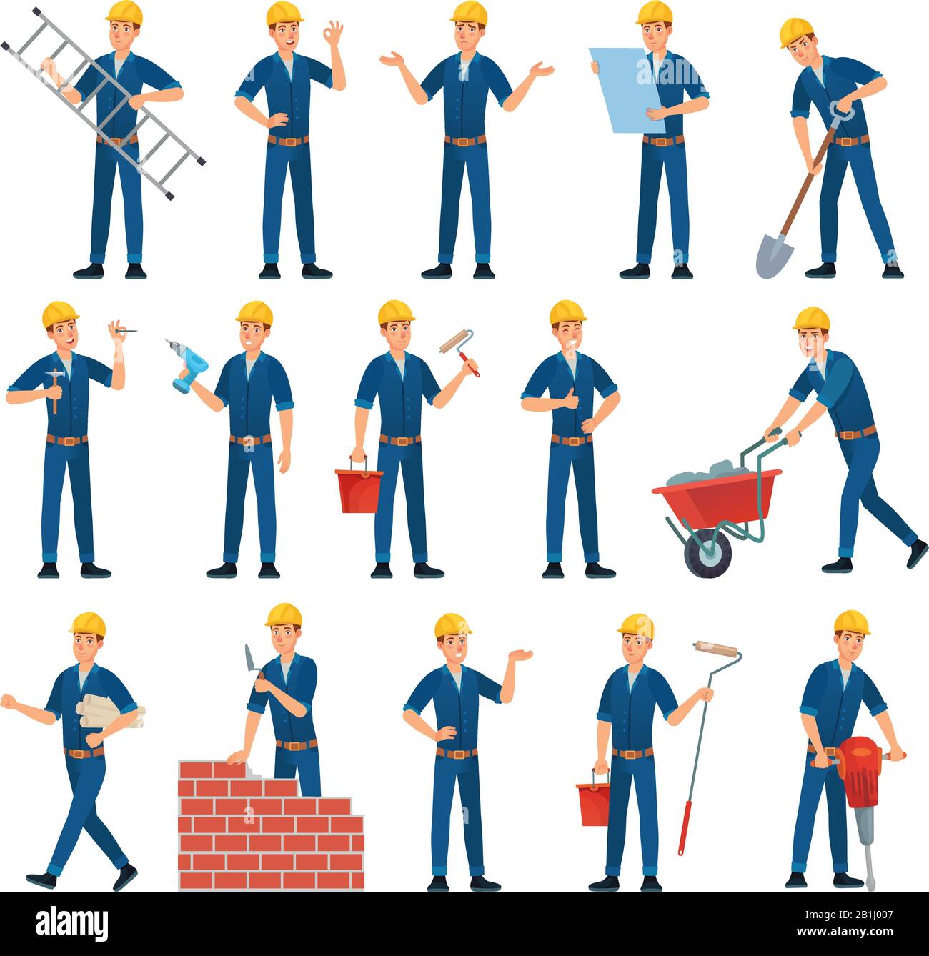 Cartoon-Mitarbeiter-Figur. Techniker, Bauarbeiter und Mechaniker. Vektorgrafiksatz für männliche Arbeiter Stock Vektor