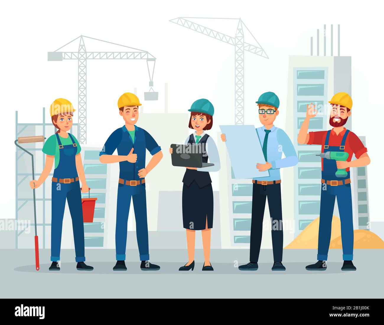 Bauteam. Ingenieur- und Bauarbeiter, Bauingenieurgruppe und Techniker Menschen Cartoon-Vektor-Illustration Stock Vektor
