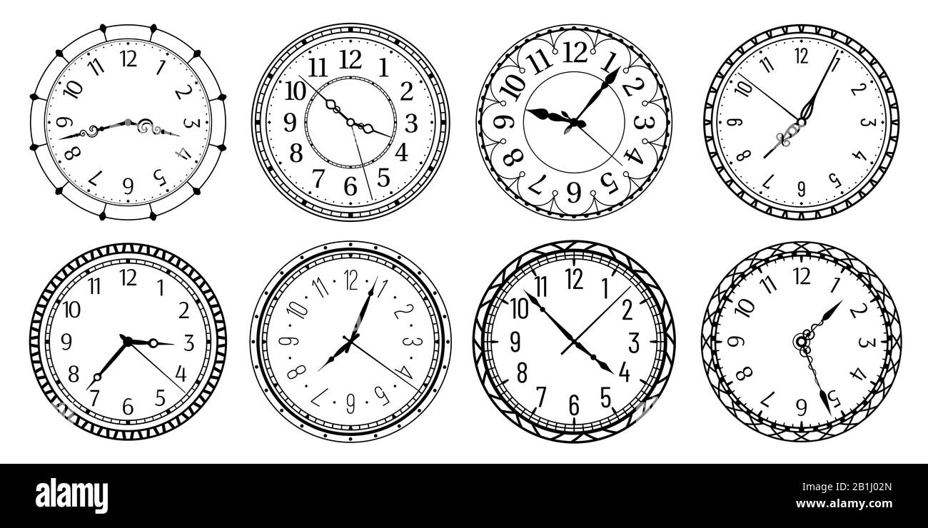 Vintage mit rundem Ziffernblatt. Antike Uhren mit arabischen Ziffern, Retro-Armband und antischem Uhrenvektor-Illustrationssatz Stock Vektor
