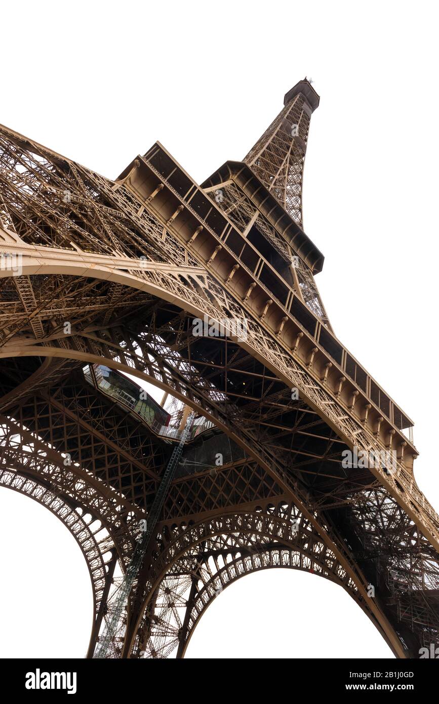 Der Blick auf den majestätischen Eiffelturm ist in Weiß, Paris, Frankreich isoliert Stockfoto