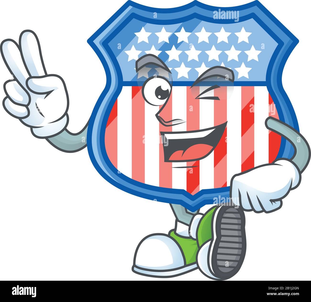 Niedliches Cartoon-Maskottchen-Bild von Schild-Abzeichen USA mit zwei Fingern Stock Vektor