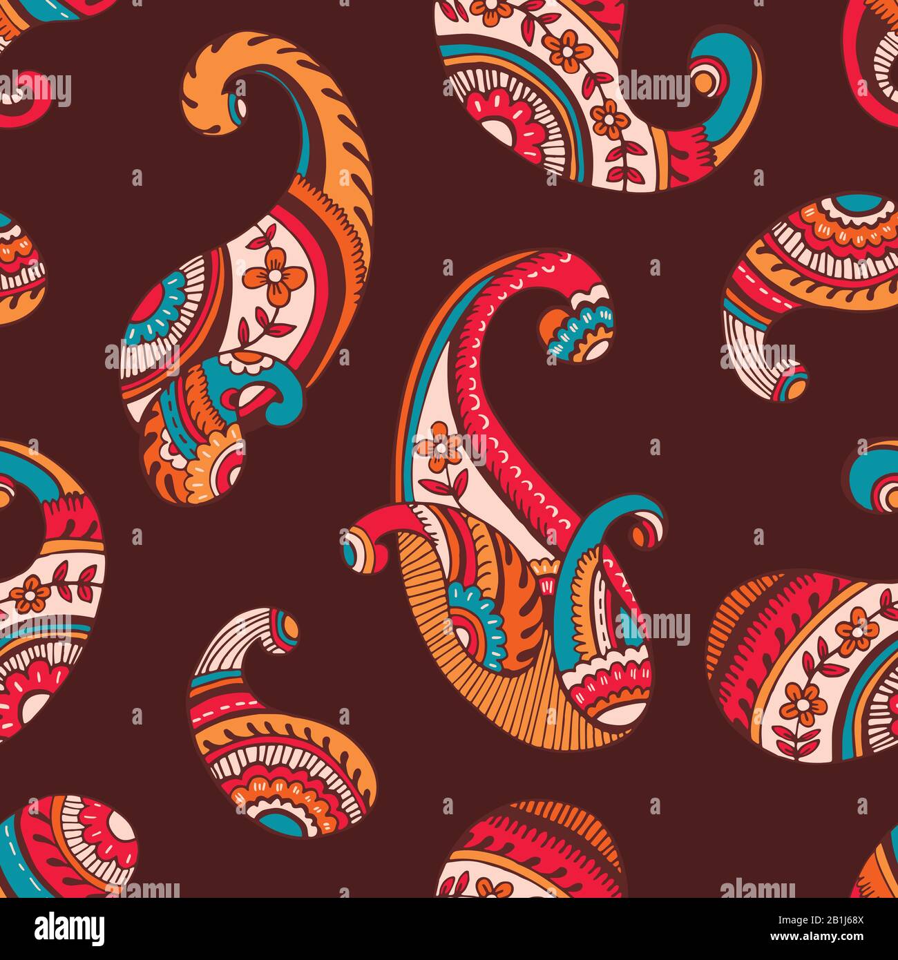 Retro Sevenies ColorfulFlower Power Hand-Drawn Paisley Vector Seamless Muster Stock Vektor