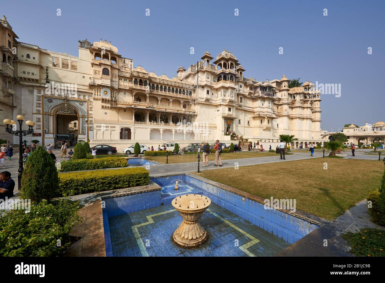 Außenansicht des Stadtpalasts von Udaipur, Rajasthan, Indien Stockfoto
