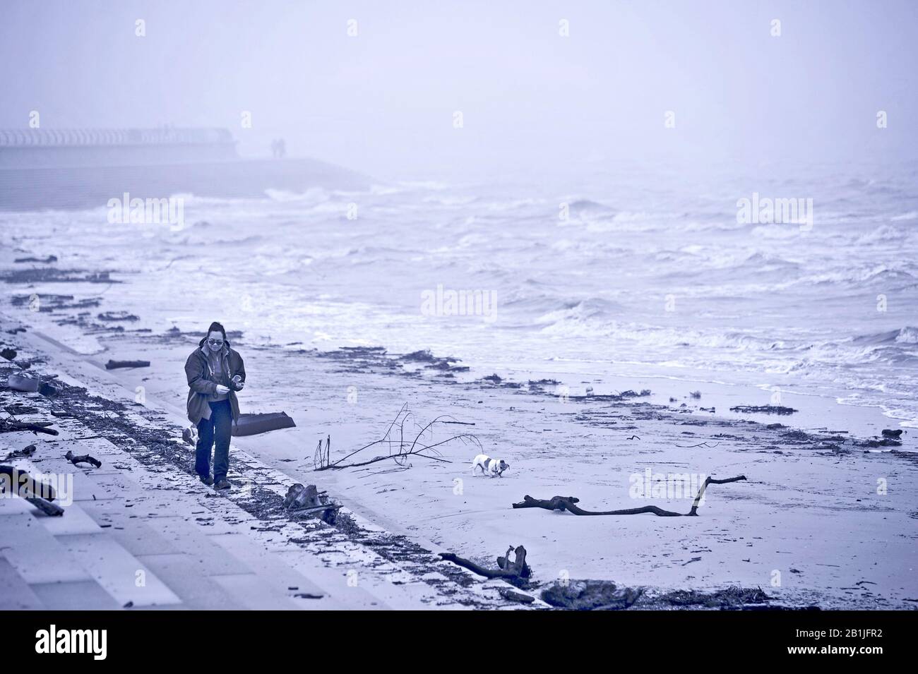 Frau, die im Winter nach dem Sturm Hund am Strand spazieren geht Stockfoto
