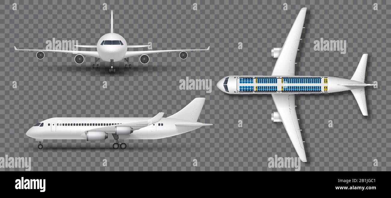 Realistisches weißes Flugzeug, Luftschiffer isoliert. Flugzeug im Profil, von vorne und von oben. Sitzgruppe für Passagierflugzeug. Vektorgrafiken Stock Vektor