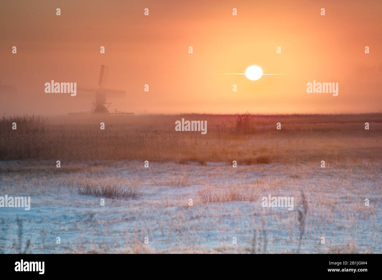 Sonnenaufgang bei schneebedeckter Polder, Niederlande, Callantsoog Stockfoto