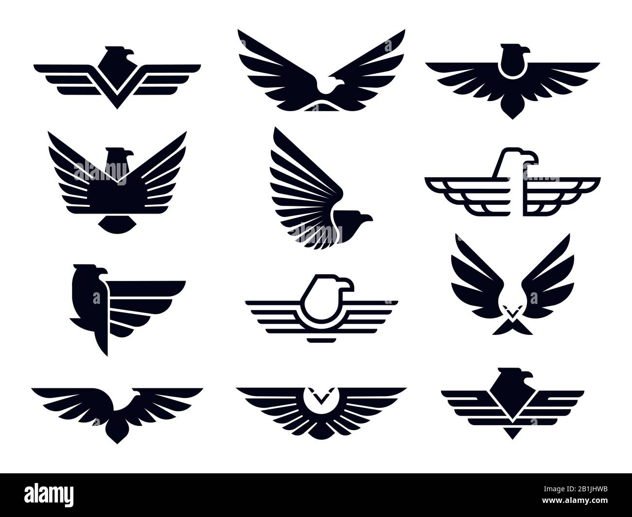 Symbol "Adler". Silhouette fliegende Adler Emblem, geflügeltes Abzeichen und Freedom Falke Flügel Schablonenvektor-Ikonen Bündel Stock Vektor